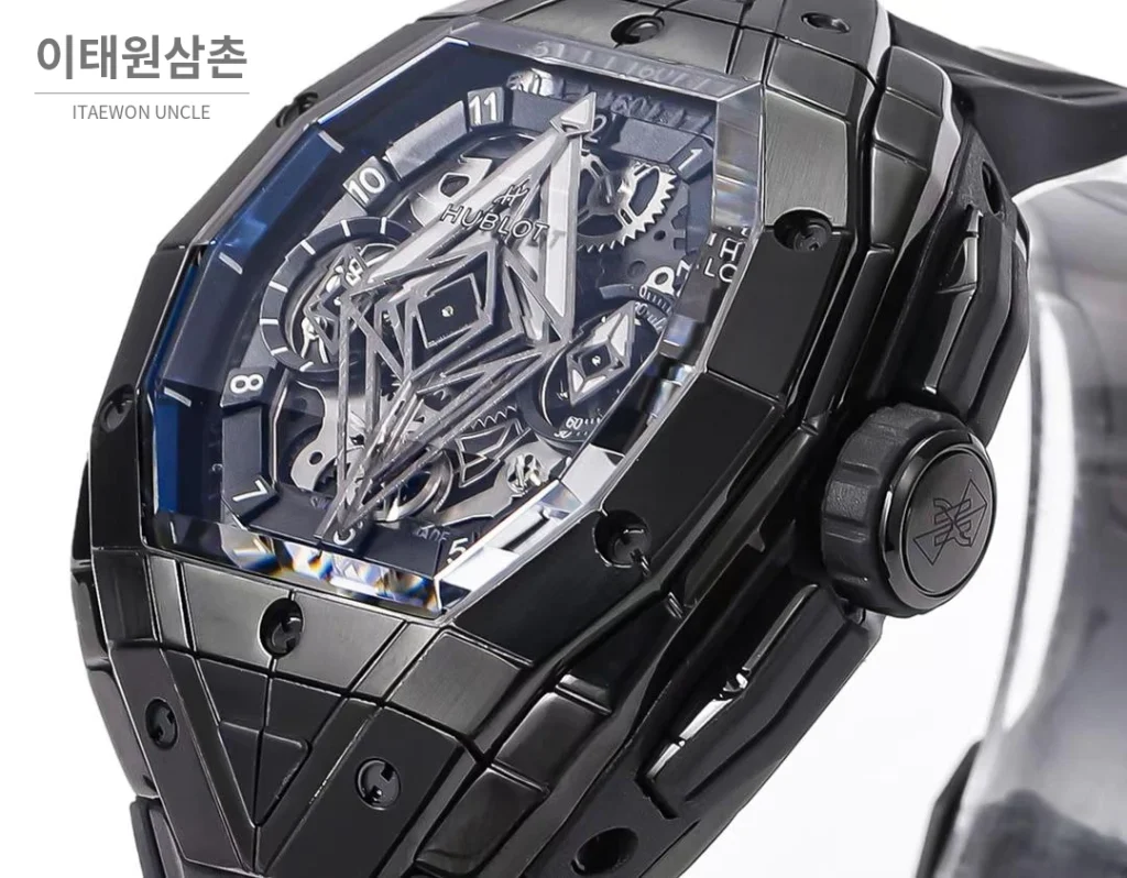 위블로 빅뱅 상블루 III 스켈레톤 기하학 크로노그래프 러버밴드 오토매틱 42mm 블랙 블랙 베젤