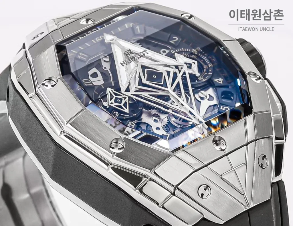위블로 빅뱅 상블루 III 스켈레톤 기하학 크로노그래프 러버밴드 오토매틱 42mm 블랙
