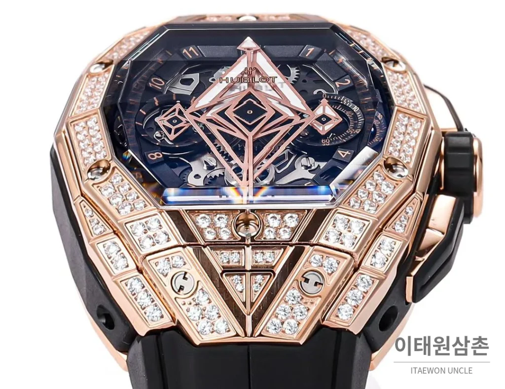 위블로 빅뱅 상블루 III 스켈레톤 기하학 크로노그래프 러버밴드 오토매틱 42mm 블랙 로즈골드 베젤