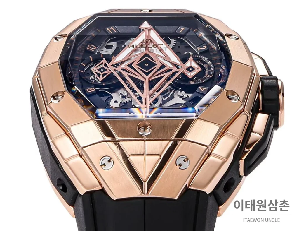 위블로 빅뱅 상블루 III 스켈레톤 기하학 크로노그래프 러버밴드 오토매틱 42mm 블랙 로즈골드 베젤 (2)