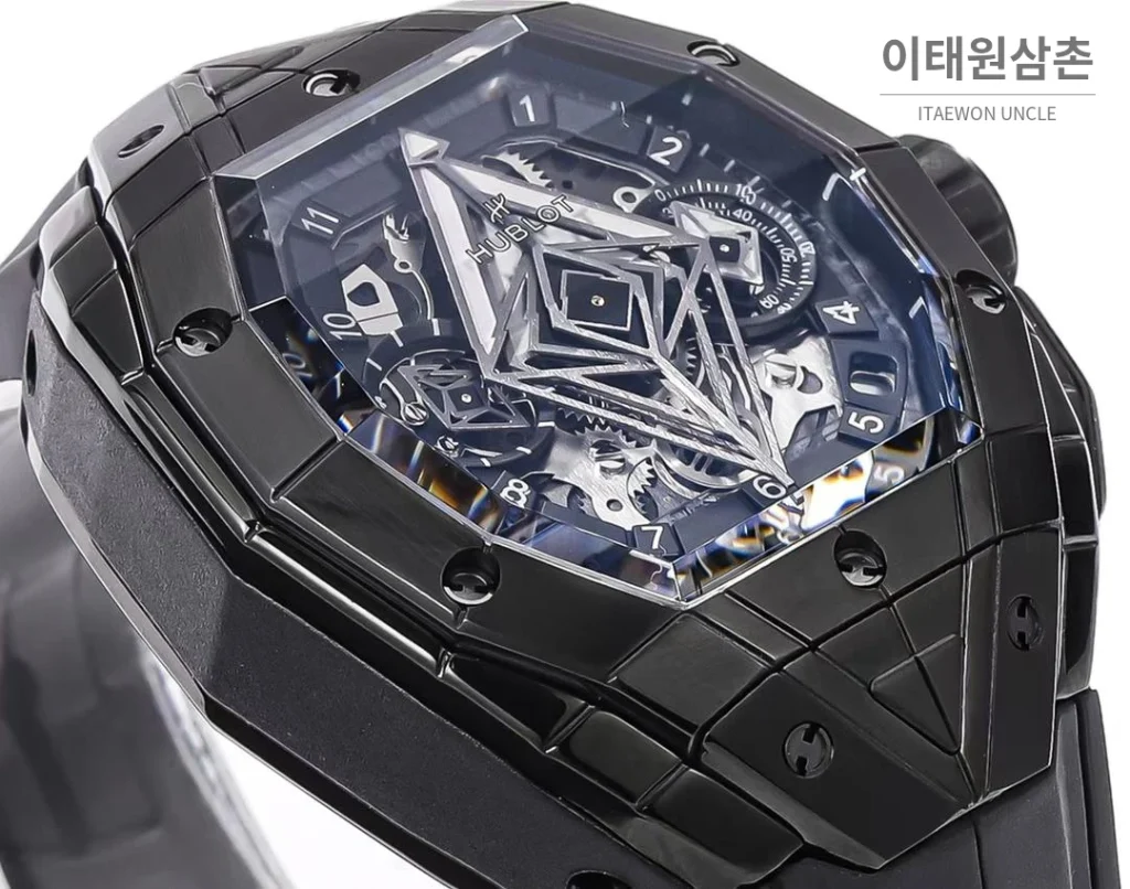위블로 빅뱅 상블루 III 스켈레톤 기하학 크로노그래프 러버밴드 오토매틱 42mm 블랙 블랙 베젤