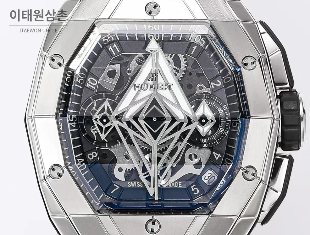 위블로 빅뱅 상블루 III 스켈레톤 기하학 크로노그래프 러버밴드 오토매틱 42mm 블랙