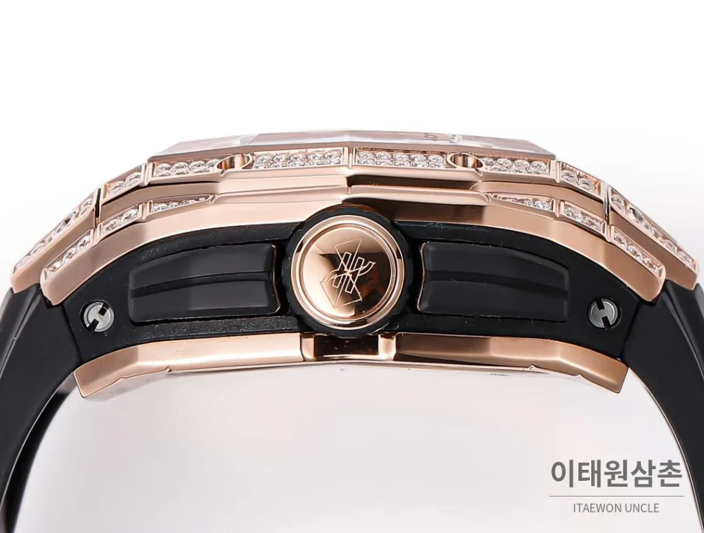 위블로 빅뱅 상블루 III 스켈레톤 기하학 크로노그래프 러버밴드 오토매틱 42mm 블랙 로즈골드 베젤