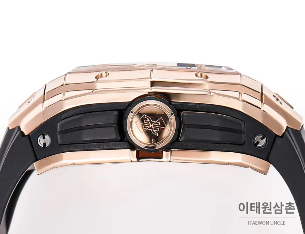 위블로 빅뱅 상블루 III 스켈레톤 기하학 크로노그래프 러버밴드 오토매틱 42mm 블랙 로즈골드 베젤 (2)