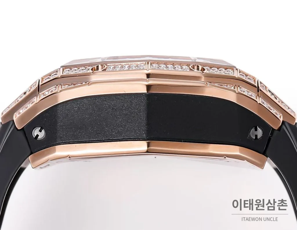 위블로 빅뱅 상블루 III 스켈레톤 기하학 크로노그래프 러버밴드 오토매틱 42mm 블랙 로즈골드 베젤