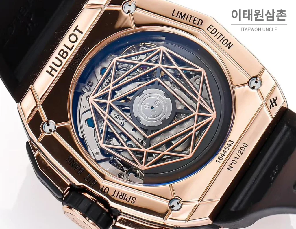 위블로 빅뱅 상블루 III 스켈레톤 기하학 크로노그래프 러버밴드 오토매틱 42mm 블랙 로즈골드 베젤