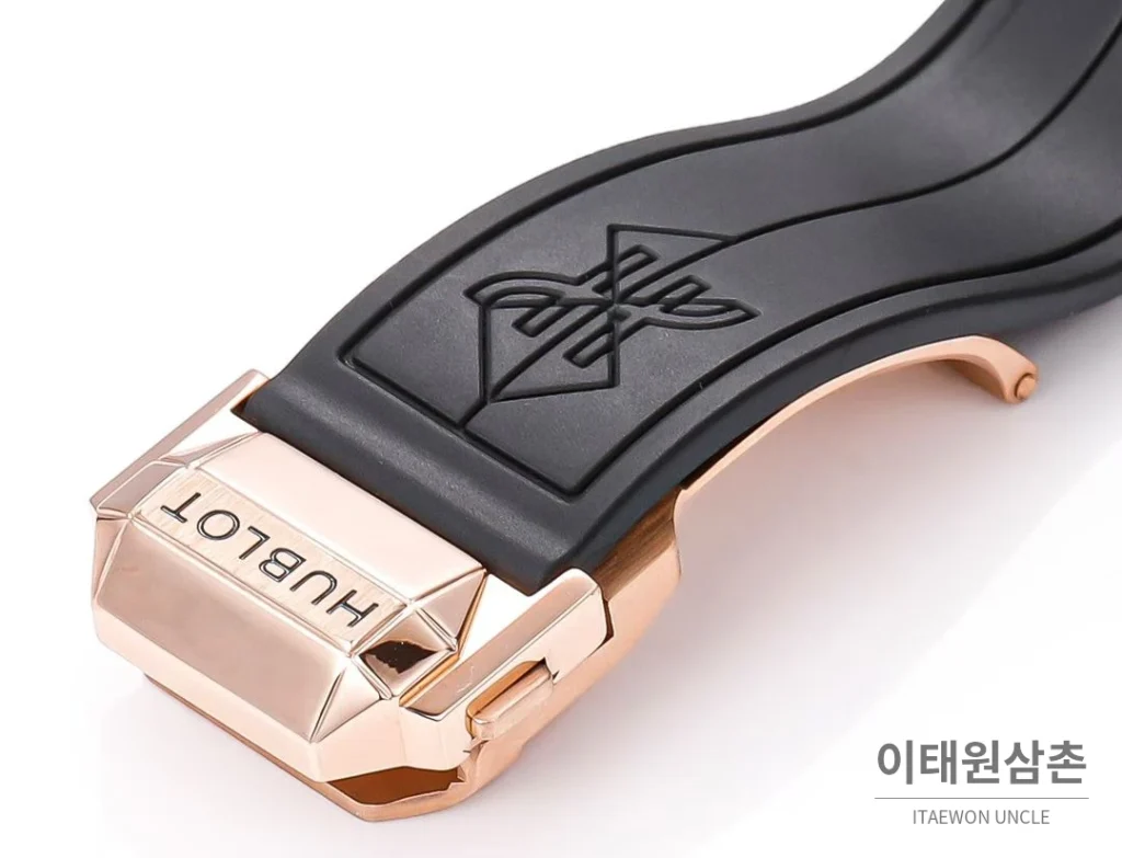 위블로 빅뱅 상블루 III 스켈레톤 기하학 크로노그래프 러버밴드 오토매틱 42mm 블랙 로즈골드 베젤