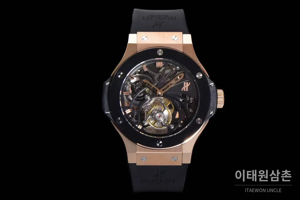 위블로 빅뱅 스켈레톤 투르비용 러버스트랩 오토매틱 블랙 블랙 베젤 로즈골드 케이스