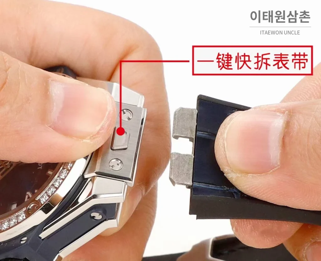 위블로 빅뱅 스틸 레인보우베젤 다이아세팅 오토매틱 39mm 멀티컬러 블루 다이얼 네이비 가죽 스트랩