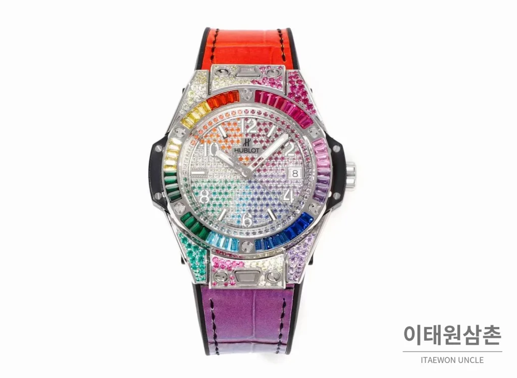 위블로 빅뱅 스틸 레인보우베젤 다이아세팅 오토매틱 39mm 멀티컬러 멀티컬러 다이얼 멀티컬러 가죽 스트랩