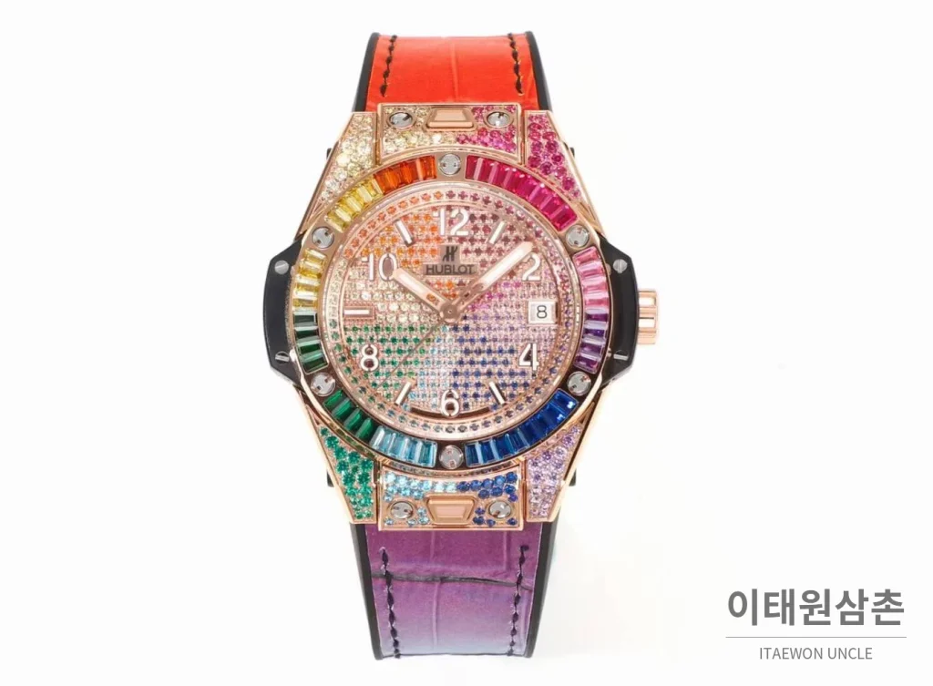 위블로 빅뱅 스틸 레인보우베젤 다이아세팅 오토매틱 39mm 멀티컬러 멀티컬러 다이얼 퍼플 가죽 스트랩