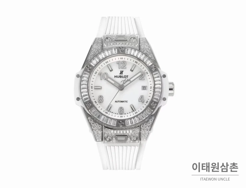 위블로 빅뱅 스틸 레인보우베젤 다이아세팅 오토매틱 39mm 멀티컬러 화이트 다이얼 화이트 러버 스트랩 (3)