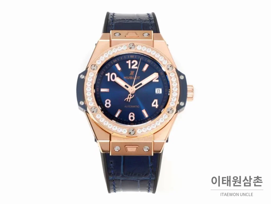 위블로 빅뱅 스틸 레인보우베젤 다이아세팅 오토매틱 39mm 멀티컬러 네이비 다이얼 네이비 가죽 스트랩