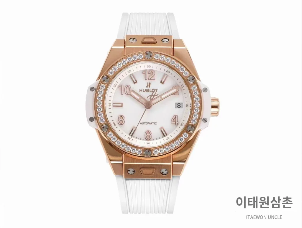 위블로 빅뱅 스틸 레인보우베젤 다이아세팅 오토매틱 39mm 멀티컬러 화이트 다이얼 화이트 러버 스트랩 (4)