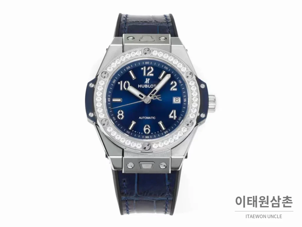 위블로 빅뱅 스틸 레인보우베젤 다이아세팅 오토매틱 39mm 멀티컬러 블루 다이얼 네이비 가죽 스트랩