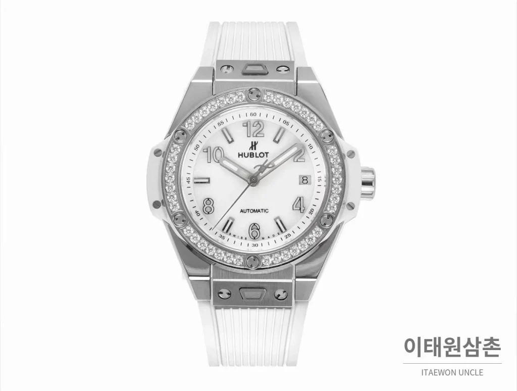 위블로 빅뱅 스틸 레인보우베젤 다이아세팅 오토매틱 39mm 멀티컬러 화이트 다이얼 화이트 러버 스트랩 (5)