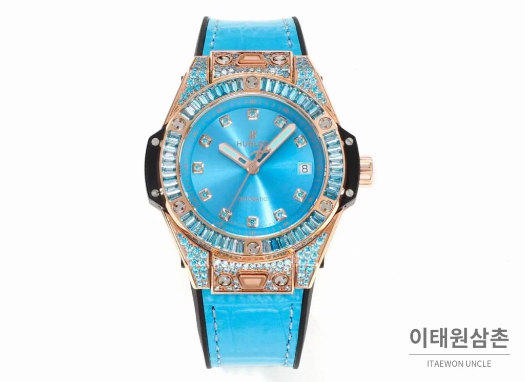 위블로 빅뱅 스틸 레인보우베젤 다이아세팅 오토매틱 39mm 멀티컬러 아이스블루 다이얼 블루 가죽 스트랩