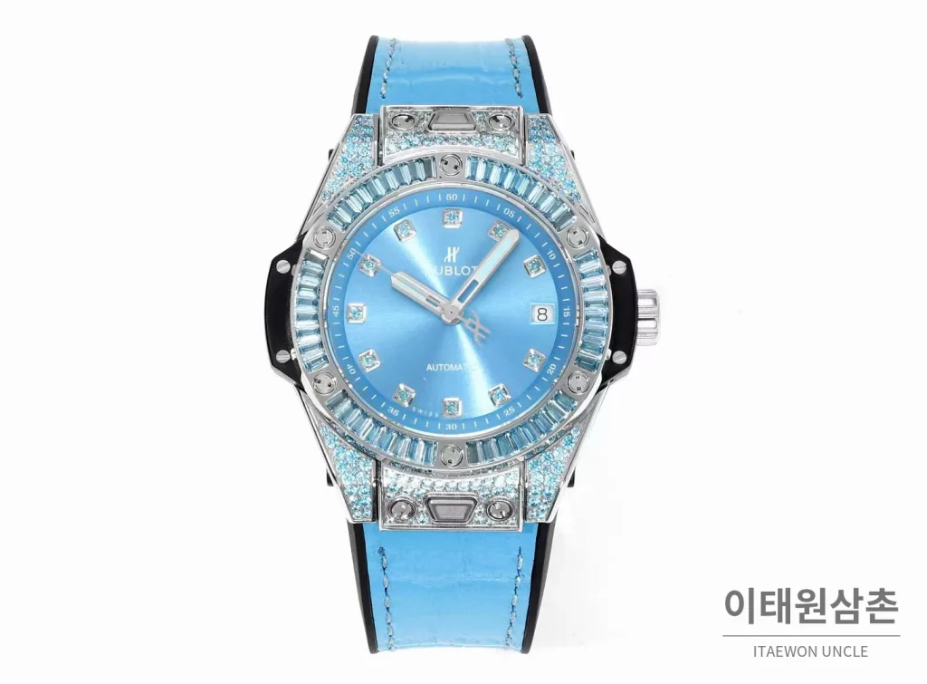 위블로 빅뱅 스틸 레인보우베젤 다이아세팅 오토매틱 39mm 멀티컬러 아이스블루 다이얼 블루 러버 스트랩