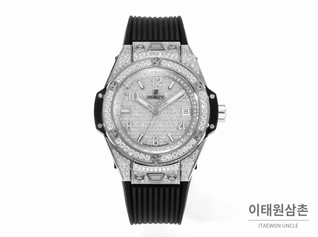 위블로 빅뱅 스틸 레인보우베젤 다이아세팅 오토매틱 39mm 멀티컬러 화이트 다이얼 블랙 러버 스트랩