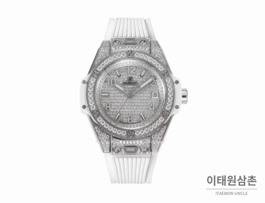 위블로 빅뱅 스틸 레인보우베젤 다이아세팅 오토매틱 39mm 멀티컬러 화이트 다이얼 화이트 러버 스트랩
