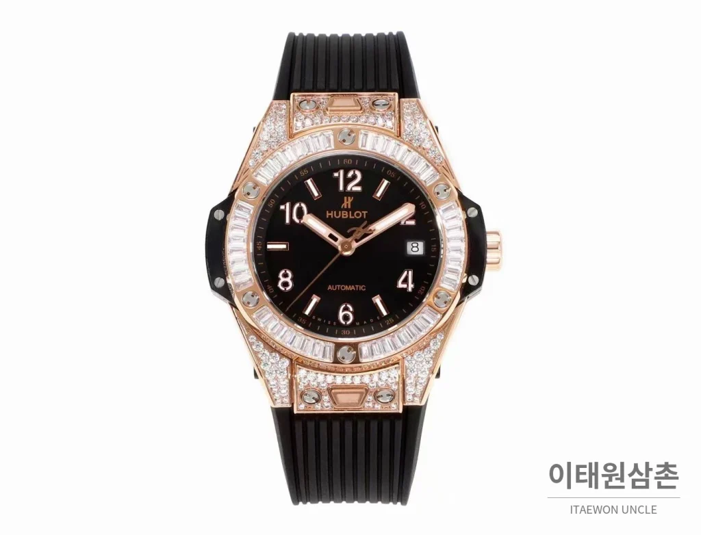 위블로 빅뱅 스틸 레인보우베젤 다이아세팅 오토매틱 39mm 멀티컬러 블랙 다이얼 블랙 러버 스트랩