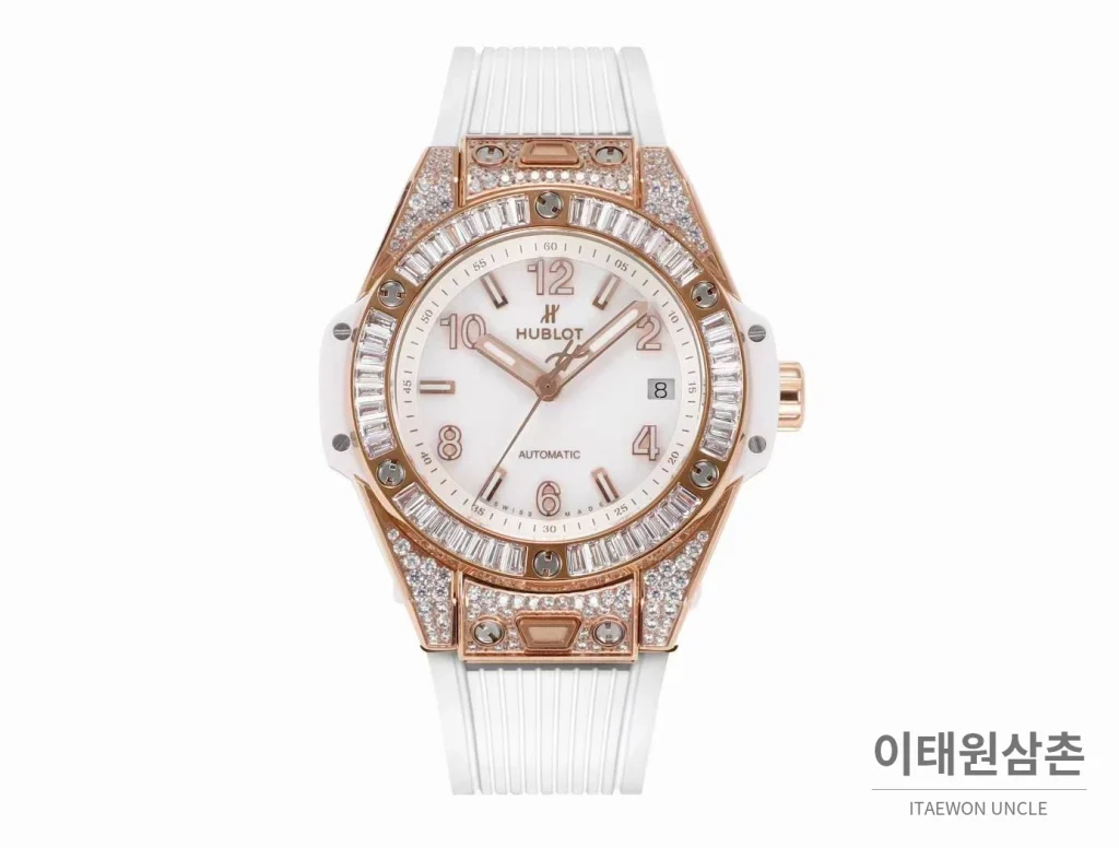 위블로 빅뱅 스틸 레인보우베젤 다이아세팅 오토매틱 39mm 멀티컬러 화이트 다이얼 화이트 러버 스트랩 (2)
