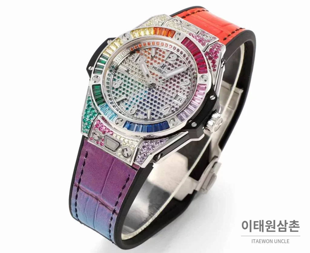 위블로 빅뱅 스틸 레인보우베젤 다이아세팅 오토매틱 39mm 멀티컬러 멀티컬러 다이얼 멀티컬러 가죽 스트랩