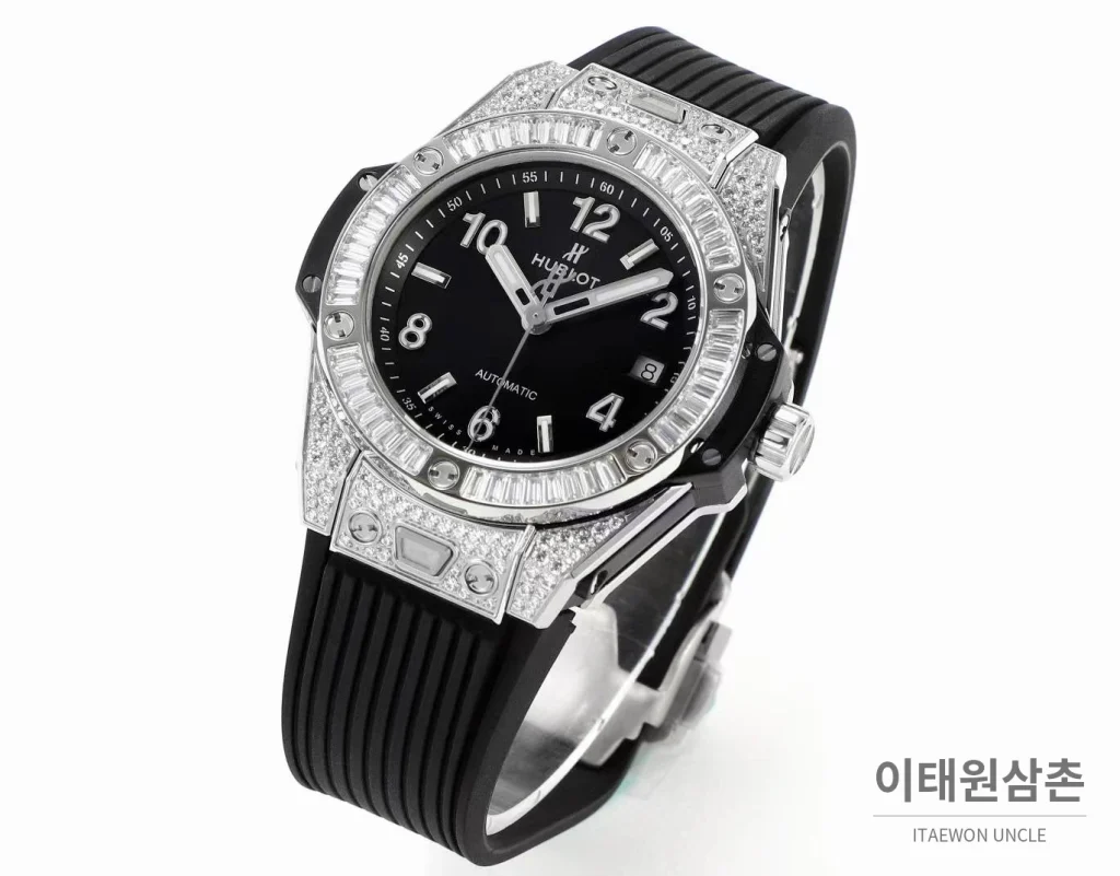 위블로 빅뱅 스틸 레인보우베젤 다이아세팅 오토매틱 39mm 멀티컬러 블랙 다이얼 블랙 러버 스트랩 (2)