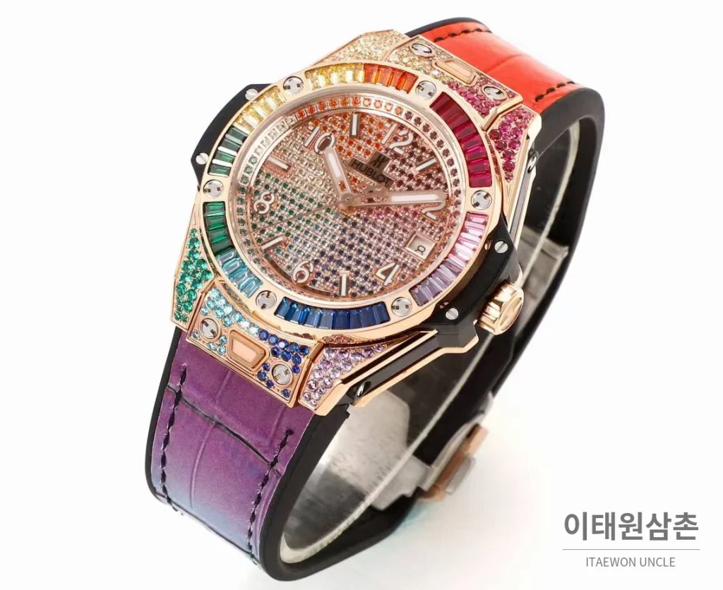 위블로 빅뱅 스틸 레인보우베젤 다이아세팅 오토매틱 39mm 멀티컬러 멀티컬러 다이얼 퍼플 가죽 스트랩