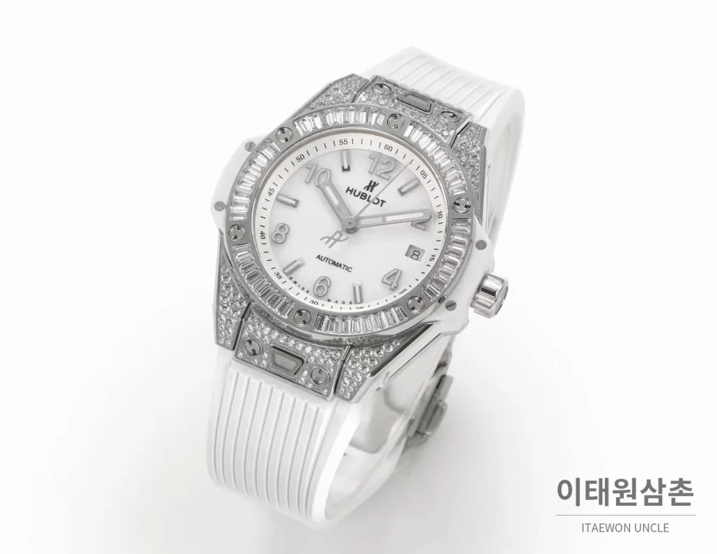 위블로 빅뱅 스틸 레인보우베젤 다이아세팅 오토매틱 39mm 멀티컬러 화이트 다이얼 화이트 러버 스트랩 (3)