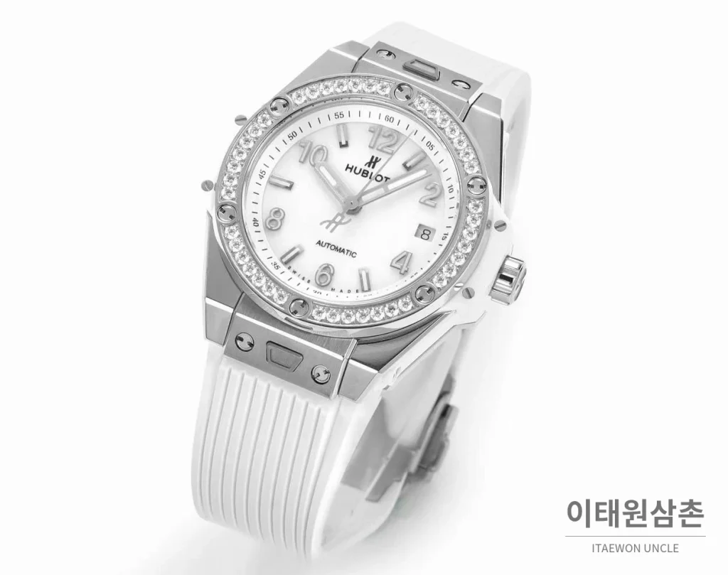 위블로 빅뱅 스틸 레인보우베젤 다이아세팅 오토매틱 39mm 멀티컬러 화이트 다이얼 화이트 러버 스트랩 (5)