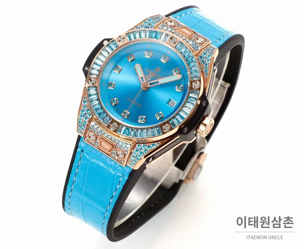 위블로 빅뱅 스틸 레인보우베젤 다이아세팅 오토매틱 39mm 멀티컬러 아이스블루 다이얼 블루 가죽 스트랩