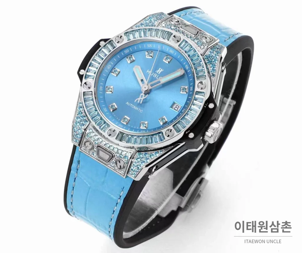 위블로 빅뱅 스틸 레인보우베젤 다이아세팅 오토매틱 39mm 멀티컬러 아이스블루 다이얼 블루 러버 스트랩