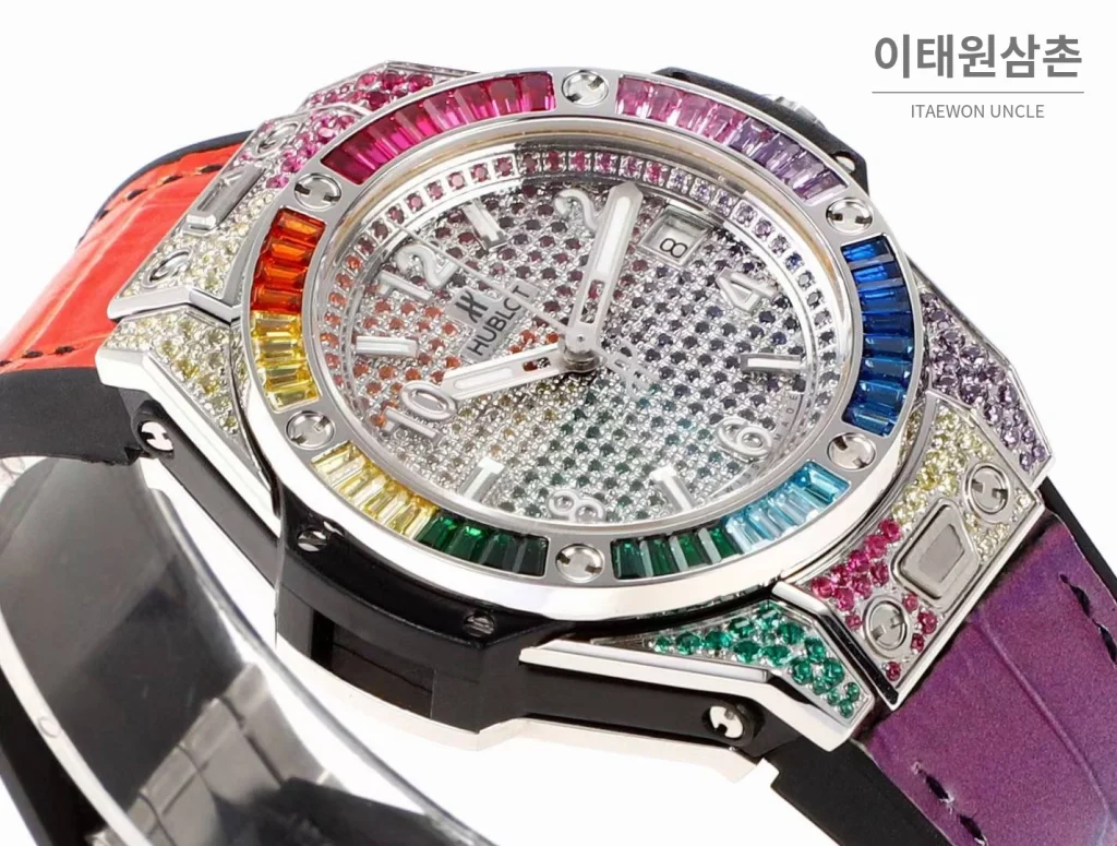 위블로 빅뱅 스틸 레인보우베젤 다이아세팅 오토매틱 39mm 멀티컬러 멀티컬러 다이얼 멀티컬러 가죽 스트랩