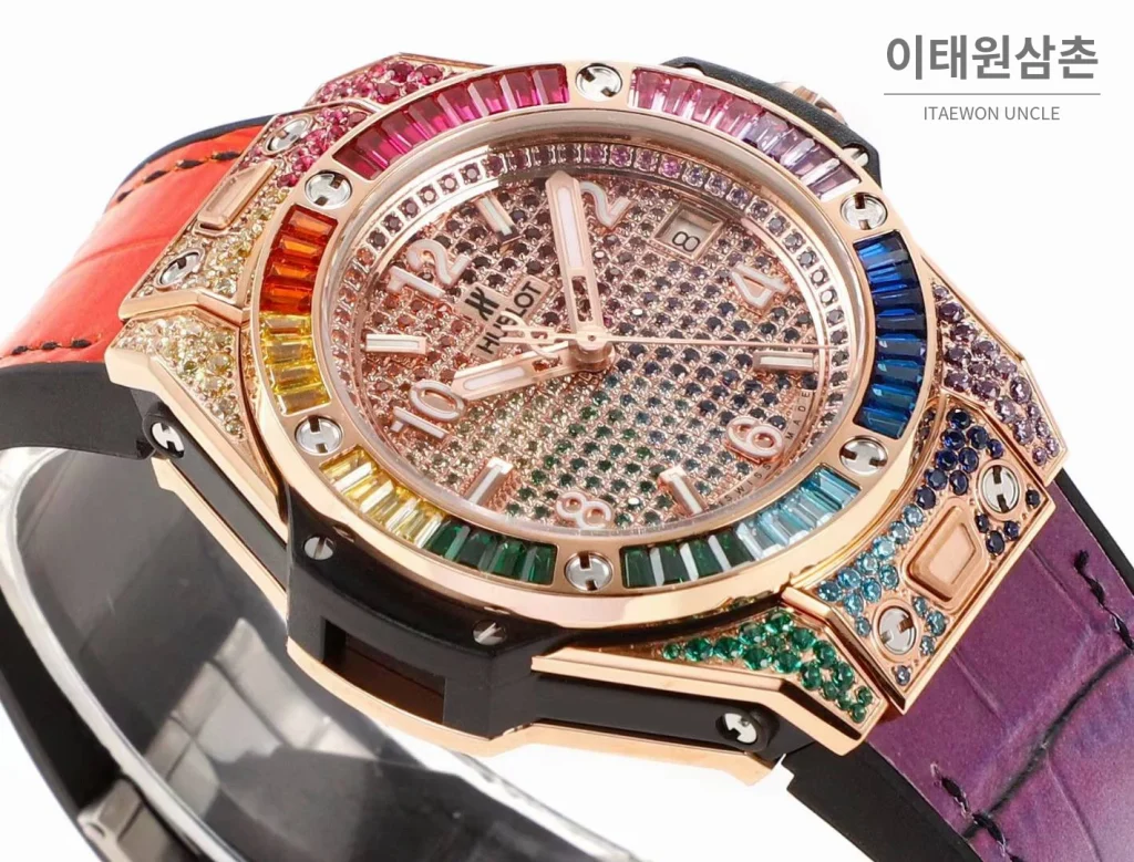 위블로 빅뱅 스틸 레인보우베젤 다이아세팅 오토매틱 39mm 멀티컬러 멀티컬러 다이얼 퍼플 가죽 스트랩