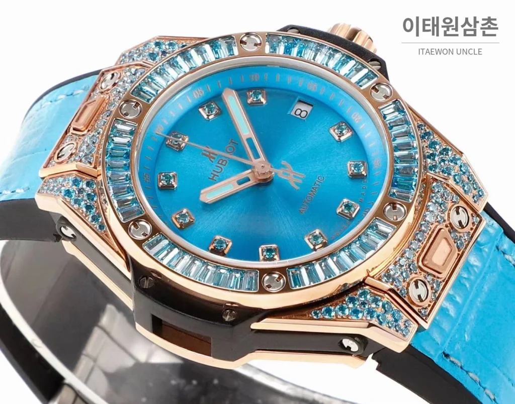 위블로 빅뱅 스틸 레인보우베젤 다이아세팅 오토매틱 39mm 멀티컬러 아이스블루 다이얼 블루 가죽 스트랩