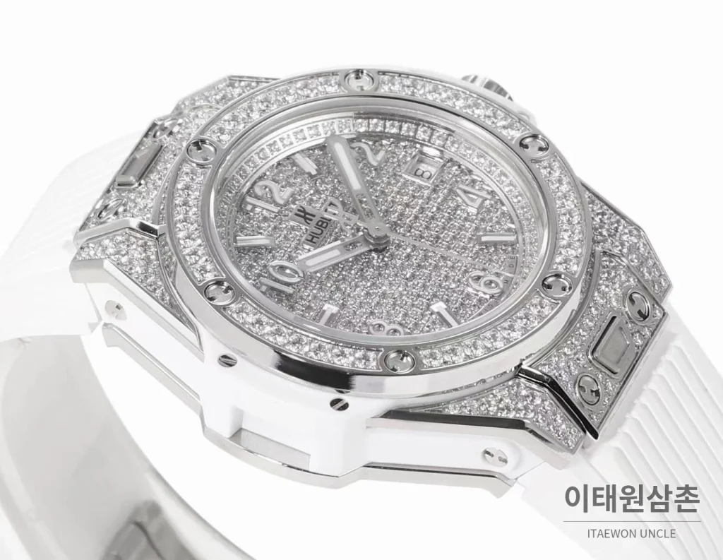 위블로 빅뱅 스틸 레인보우베젤 다이아세팅 오토매틱 39mm 멀티컬러 화이트 다이얼 화이트 러버 스트랩