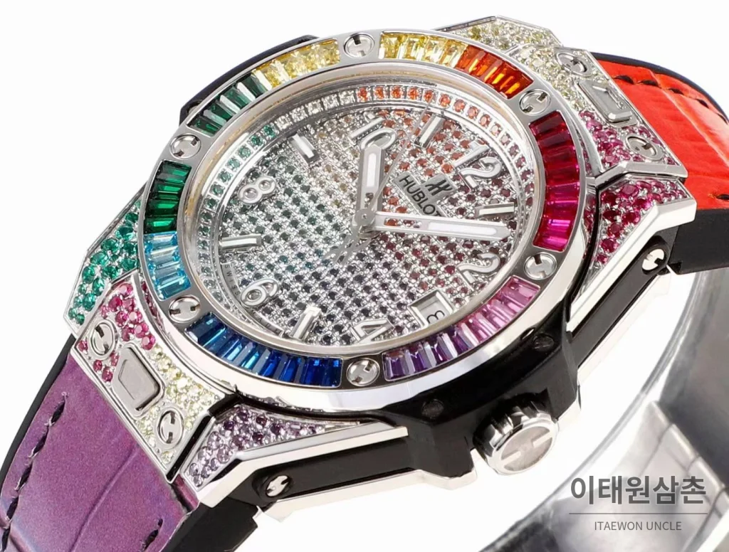 위블로 빅뱅 스틸 레인보우베젤 다이아세팅 오토매틱 39mm 멀티컬러 멀티컬러 다이얼 멀티컬러 가죽 스트랩