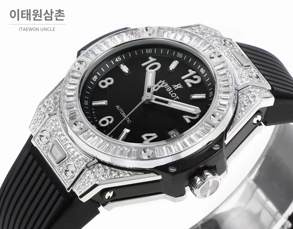 위블로 빅뱅 스틸 레인보우베젤 다이아세팅 오토매틱 39mm 멀티컬러 블랙 다이얼 블랙 러버 스트랩 (2)