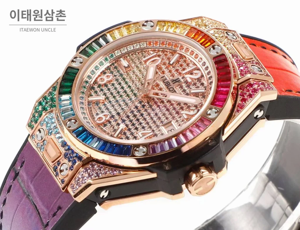 위블로 빅뱅 스틸 레인보우베젤 다이아세팅 오토매틱 39mm 멀티컬러 멀티컬러 다이얼 퍼플 가죽 스트랩