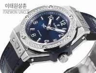 위블로 빅뱅 스틸 레인보우베젤 다이아세팅 오토매틱 39mm 멀티컬러 블루 다이얼 네이비 가죽 스트랩