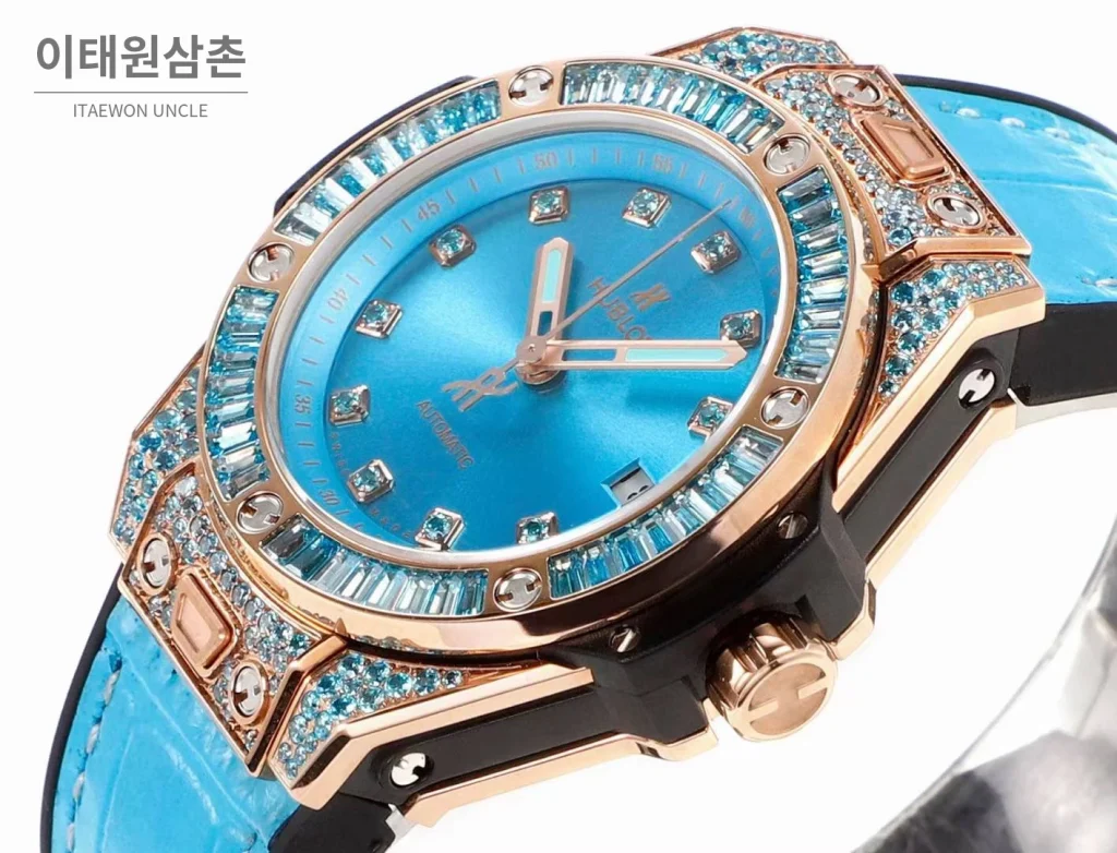 위블로 빅뱅 스틸 레인보우베젤 다이아세팅 오토매틱 39mm 멀티컬러 아이스블루 다이얼 블루 가죽 스트랩