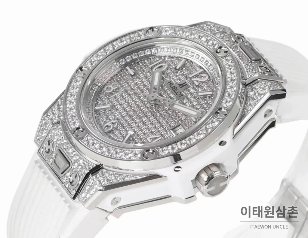 위블로 빅뱅 스틸 레인보우베젤 다이아세팅 오토매틱 39mm 멀티컬러 화이트 다이얼 화이트 러버 스트랩