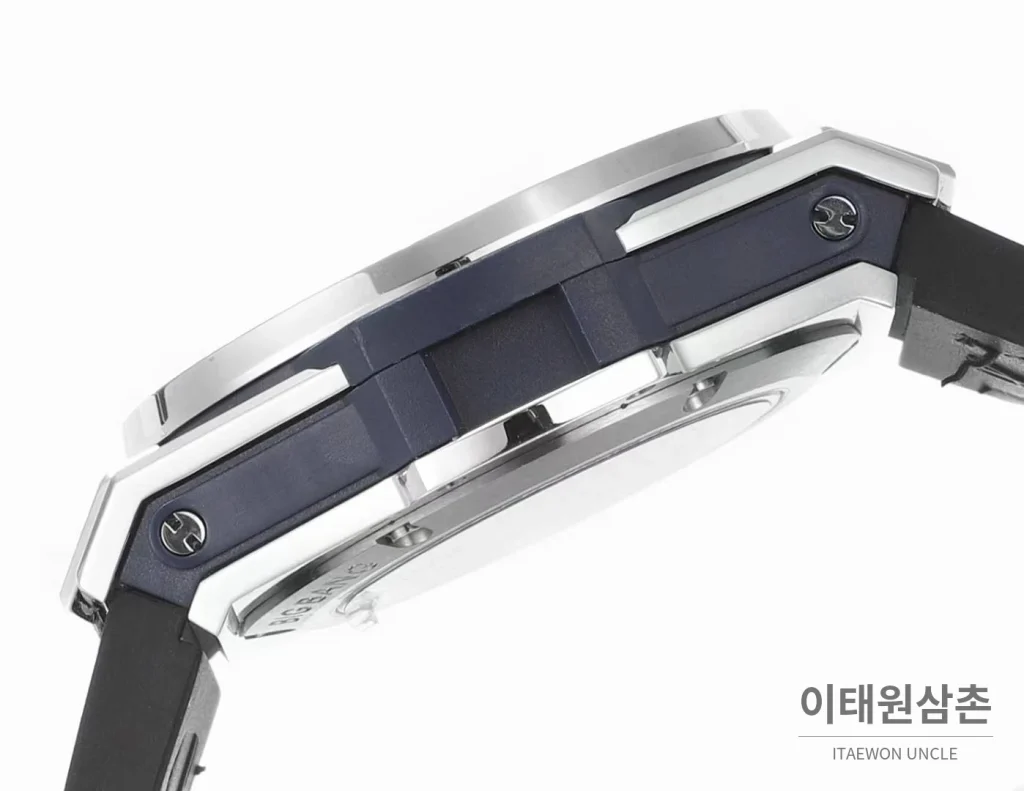 위블로 빅뱅 스틸 레인보우베젤 다이아세팅 오토매틱 39mm 멀티컬러 블루 다이얼 네이비 가죽 스트랩
