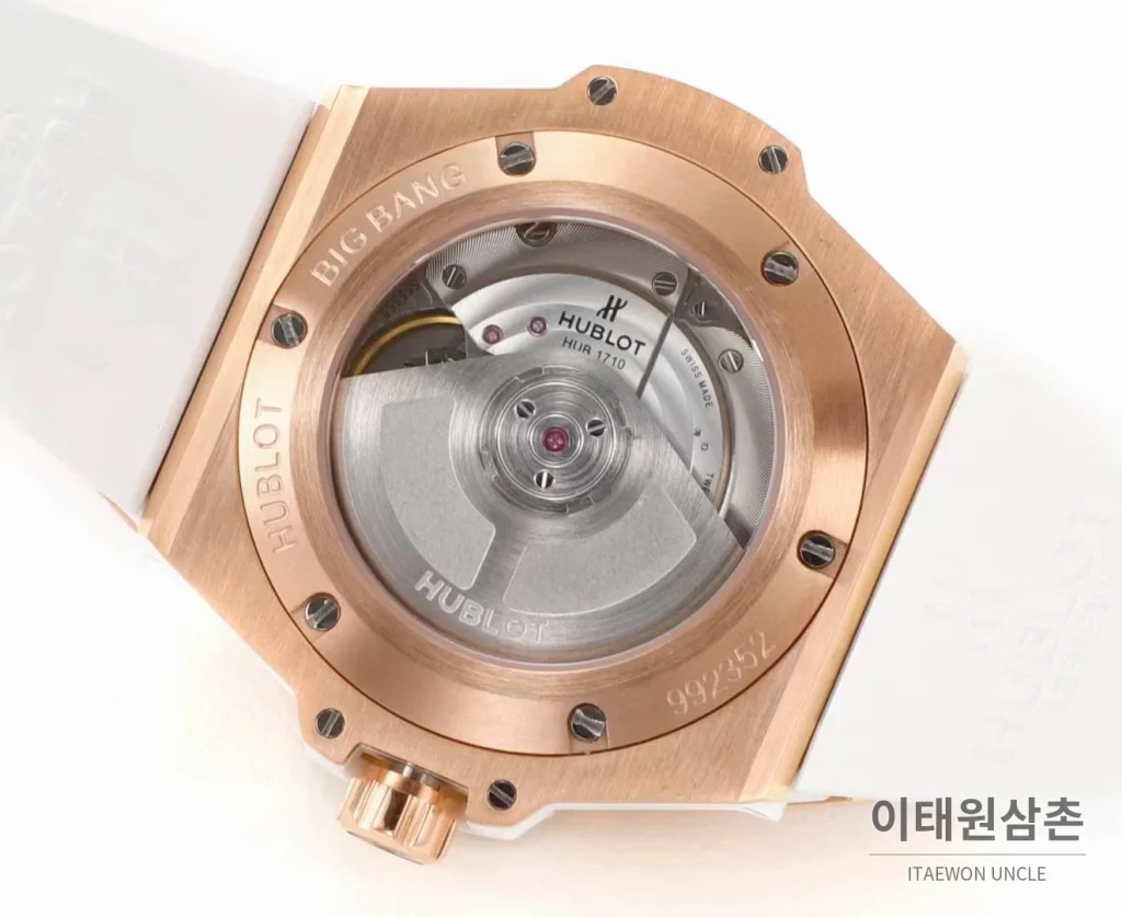 위블로 빅뱅 스틸 레인보우베젤 다이아세팅 오토매틱 39mm 멀티컬러 화이트 다이얼 화이트 러버 스트랩 (4)