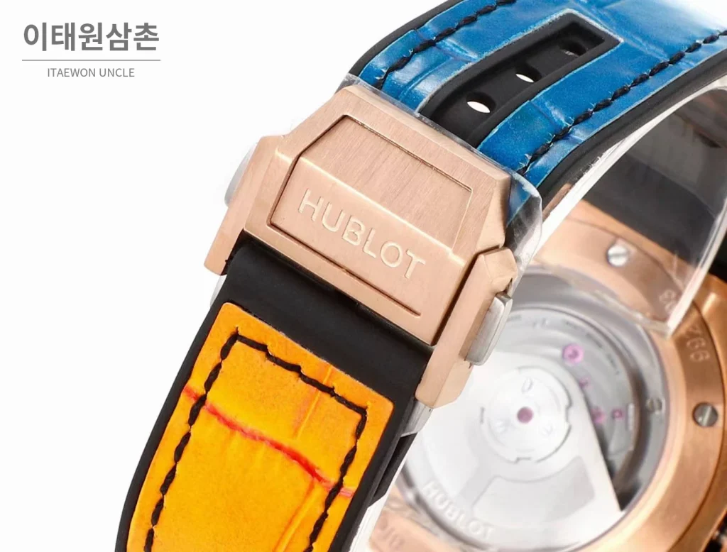 위블로 빅뱅 스틸 레인보우베젤 다이아세팅 오토매틱 39mm 멀티컬러 멀티컬러 다이얼 퍼플 가죽 스트랩