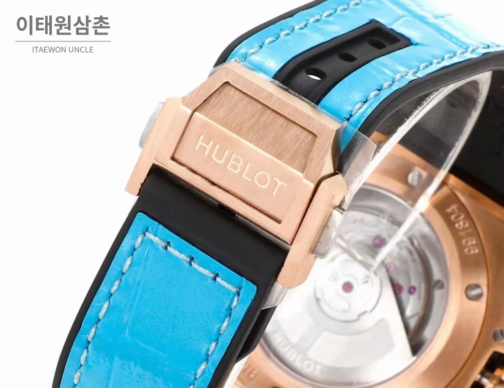 위블로 빅뱅 스틸 레인보우베젤 다이아세팅 오토매틱 39mm 멀티컬러 아이스블루 다이얼 블루 가죽 스트랩