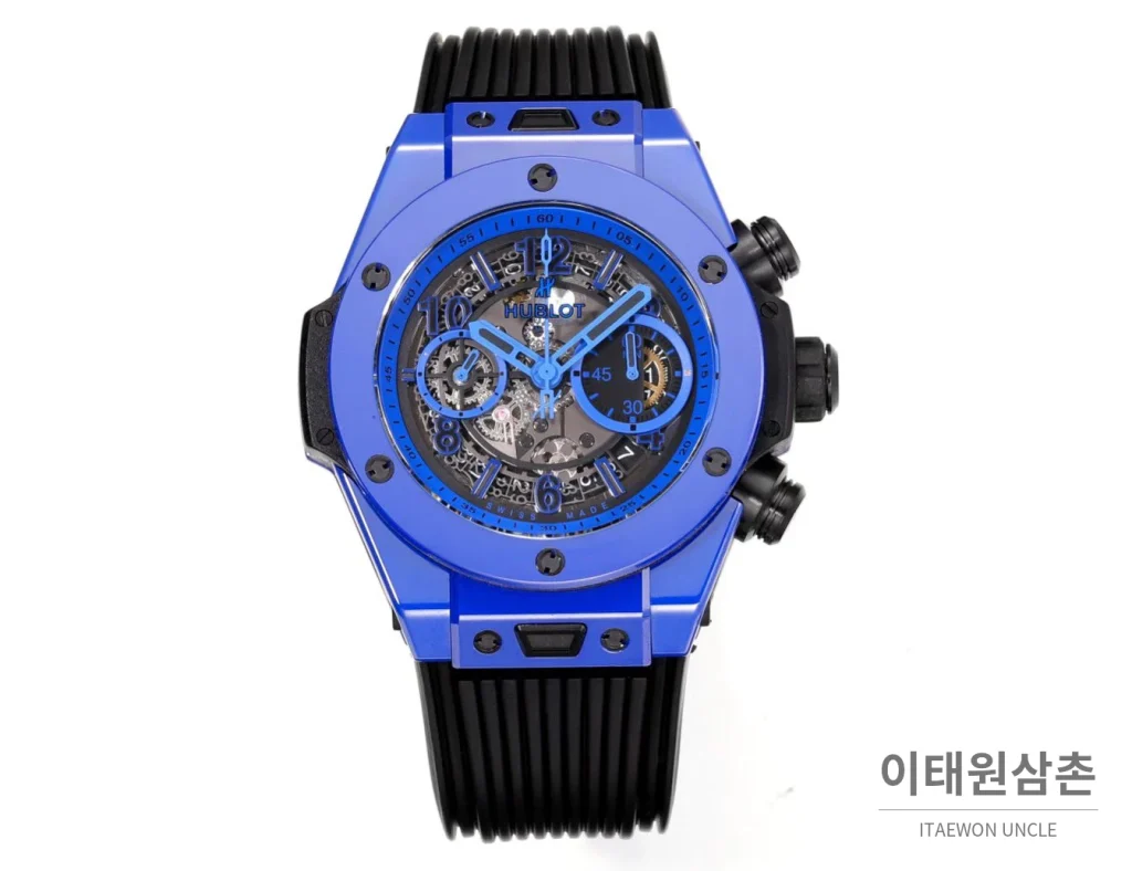 위블로 빅뱅 유니코 세라믹 컬러다이얼 크로노그래프 오토매틱 45mm 컬러 세라믹 블랙 러버 스트랩 블루 베젤