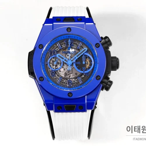 위블로 빅뱅 유니코 세라믹 컬러다이얼 크로노그래프 오토매틱 45mm 컬러 세라믹 화이트 러버 스트랩 블루 베젤