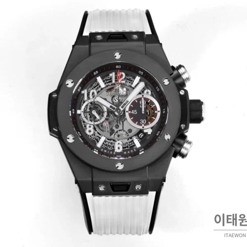 위블로 빅뱅 유니코 세라믹 컬러다이얼 크로노그래프 오토매틱 45mm 컬러 세라믹 화이트 러버 스트랩 블랙 베젤